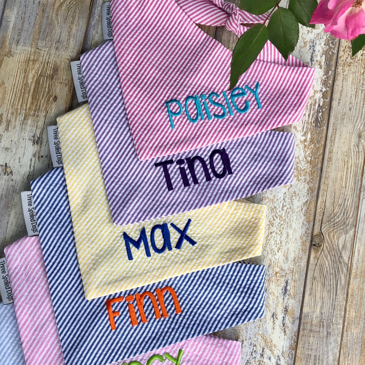 Personalized Seersucker Dog Bandana with Name Embroidered Three