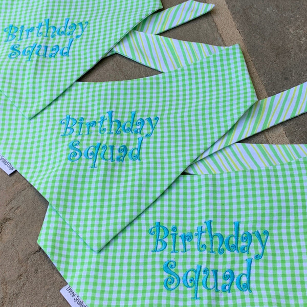 three spoiled dogs custom birthday squad green gingham dog bandanas embroidered in turquoise