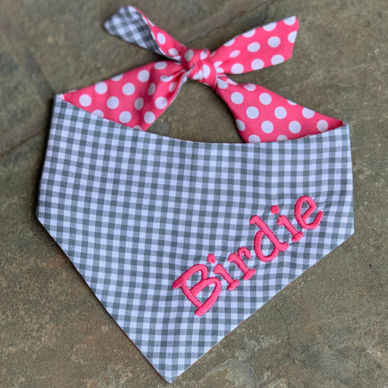 three spoiled dogs custom gray gingham dog bandana with Birdie embroidered in hot pink