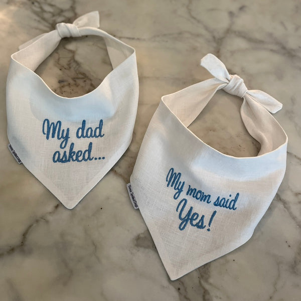 Engagement Announcement Dog Bandanas with Embroidery on White Linen