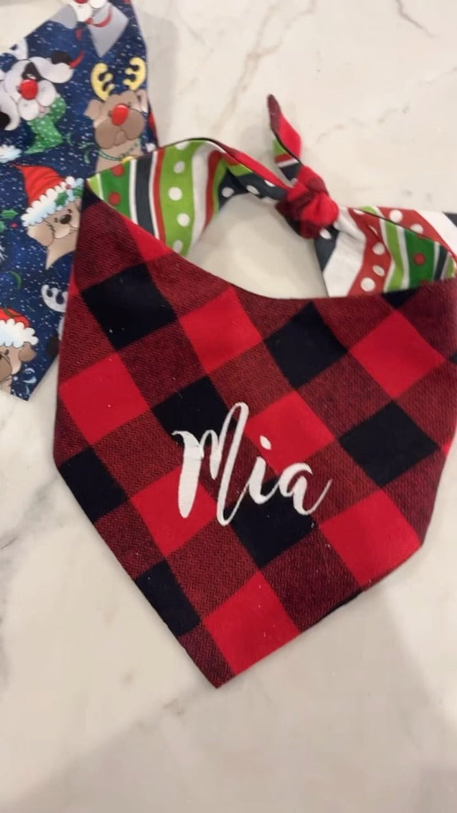 Buffalo Plaid Personalized Flannel Dog Scarf with Name Embroidered