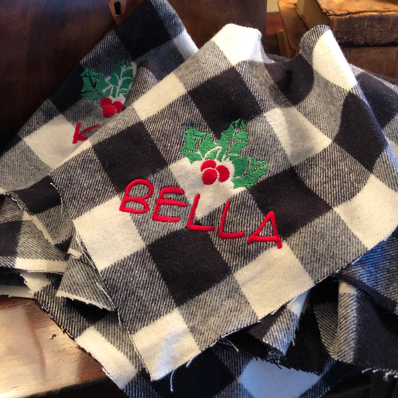 Dog Bandana Buffalo Plaid with Christmas Holly Personalized with Pets Name
