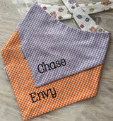 purple and orange gingham dog bandana with dog name
