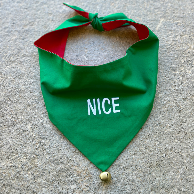 Naughty or Nice List Reversible Embroidered Dog Bandanas with jingle bell