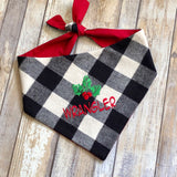 black and white buffalo plaid with christmas holly and pups name