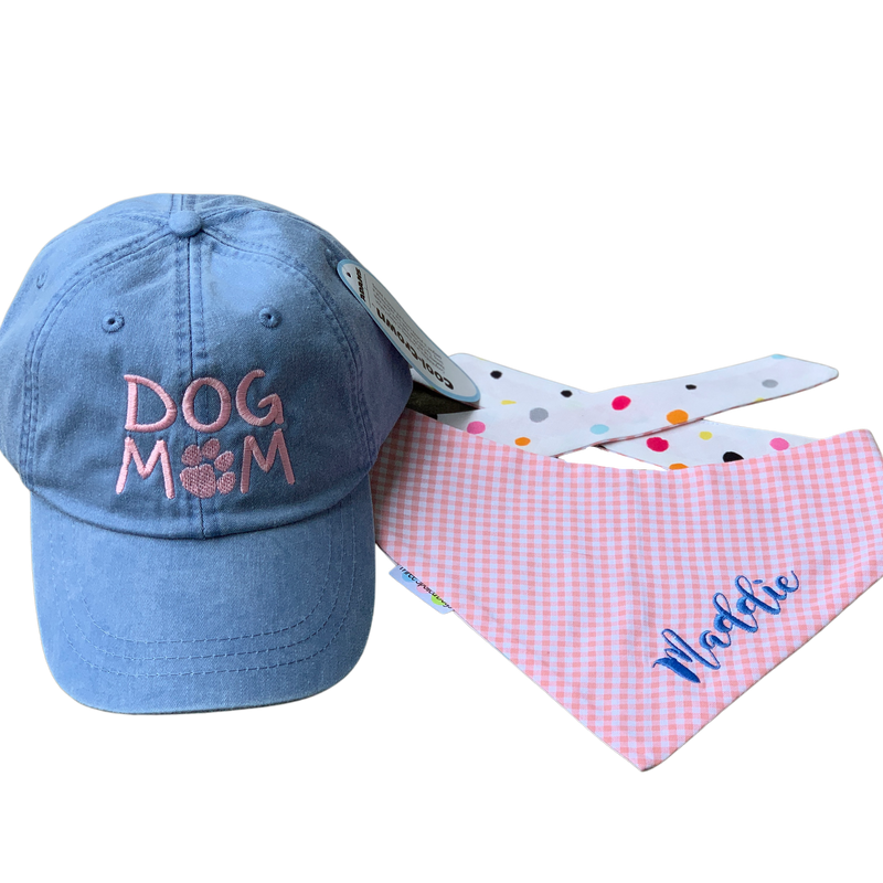 three spoiled dogs blue dog mom hat and a pink gingham dog bandana embroidered in blue with maddie 
