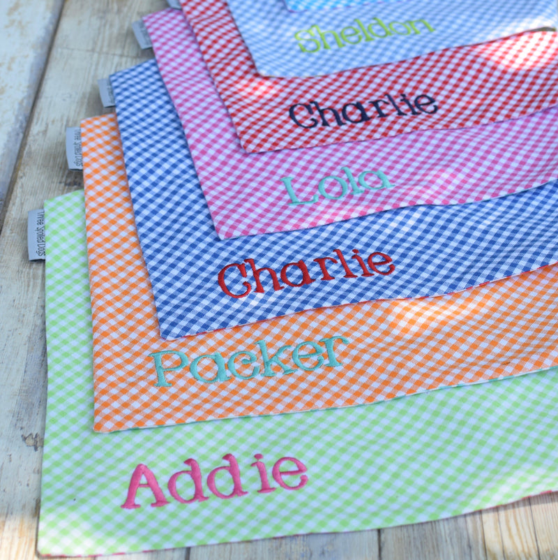 three spoiled dogs pink blue red orange green and turquoise gingham dog bandanas personalized with addie packer charlie lola and sheldon