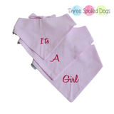three spoiled dogs pink seersucker custom dog bandanas with It's A Girl embroidered