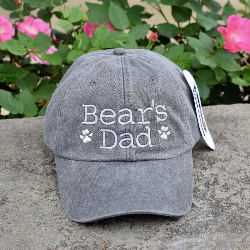 three spoiled dogs charcoal baseball cap with bear's dad embroidered in grey thread with two paw prints