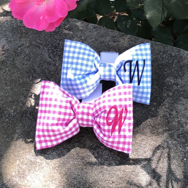 three spoiled dogs monogrammed pink and blue gingham dog bow ties embroidered with a W