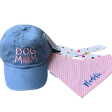 three spoiled dogs blue dog mom hat and a pink gingham dog bandana embroidered in blue with maddie 