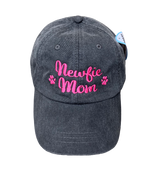 three spoiled dogs charcoal baseball cap embroidered with newfie mom in hot pink