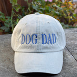 three spoiled dogs khaki baseball cap with dog dad embroidered in blue thread